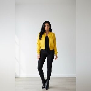 SWS Outerwear Bright Yellow Satin Bomber Jacket Puff Sleeve Zip Up Size L